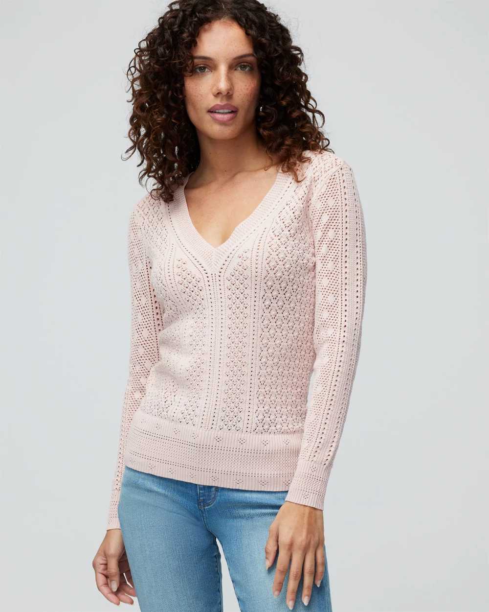 Long Sleeve Pointelle V Neck Pullover White House Black Market